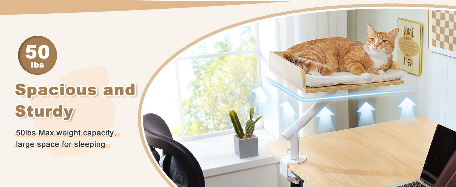 Кішка ліжко PAWZ Road для столу з інтерактивним плюшевим м'ячем, кошик для котів, 360° обертається, гамак для котів, ліжко для котів, підходить до 22.5 кг (Бежевий, прямокутний, дерев'яний)