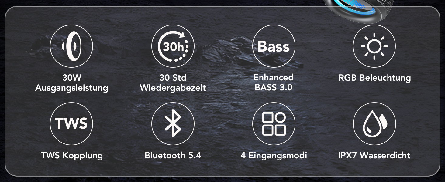Портативна Bluetooth колонка TIMU з підсвіткою, 25 Вт, IPX7, 20 год, AUX, TF-карта, чорна