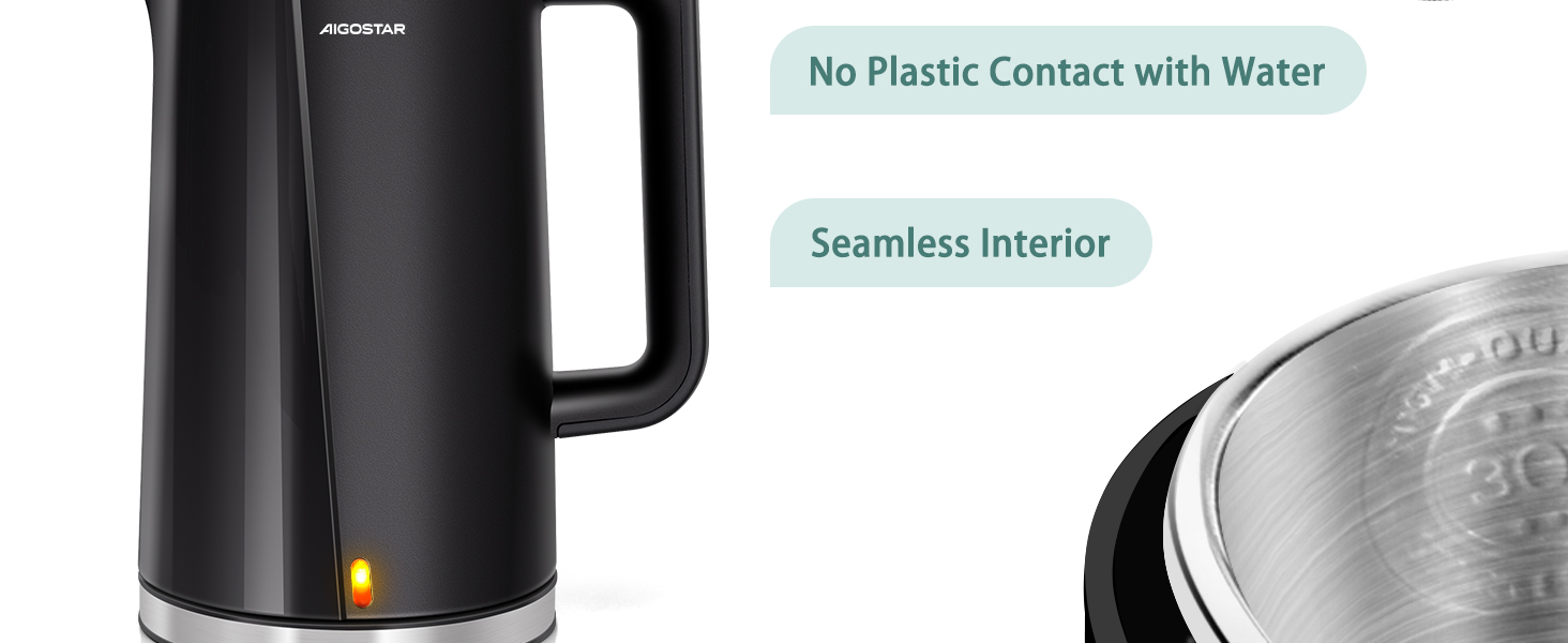 Електричний чайник Aigostar 1.7л, чорний матовий, нержавіюча сталь, 2200W, з подвійними стінками, автоматичне відключення, BPA Free, для кухні та офісу