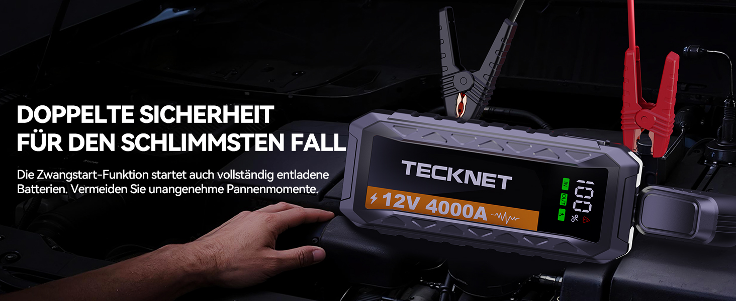 Powerbank для автомобіля TECKNET 4000A 12V: стартер, LED-ліхтарик, екран, кабель для авто, SUV, LKW, мотоциклів