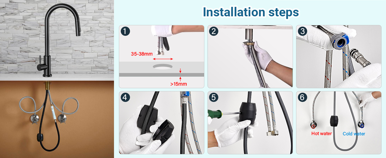 Чорний кухонний змішувач з висувною лійкою, 360° поворот, нержавіюча сталь, гаряча/холодна вода, G3/8'', 2 режими струменя