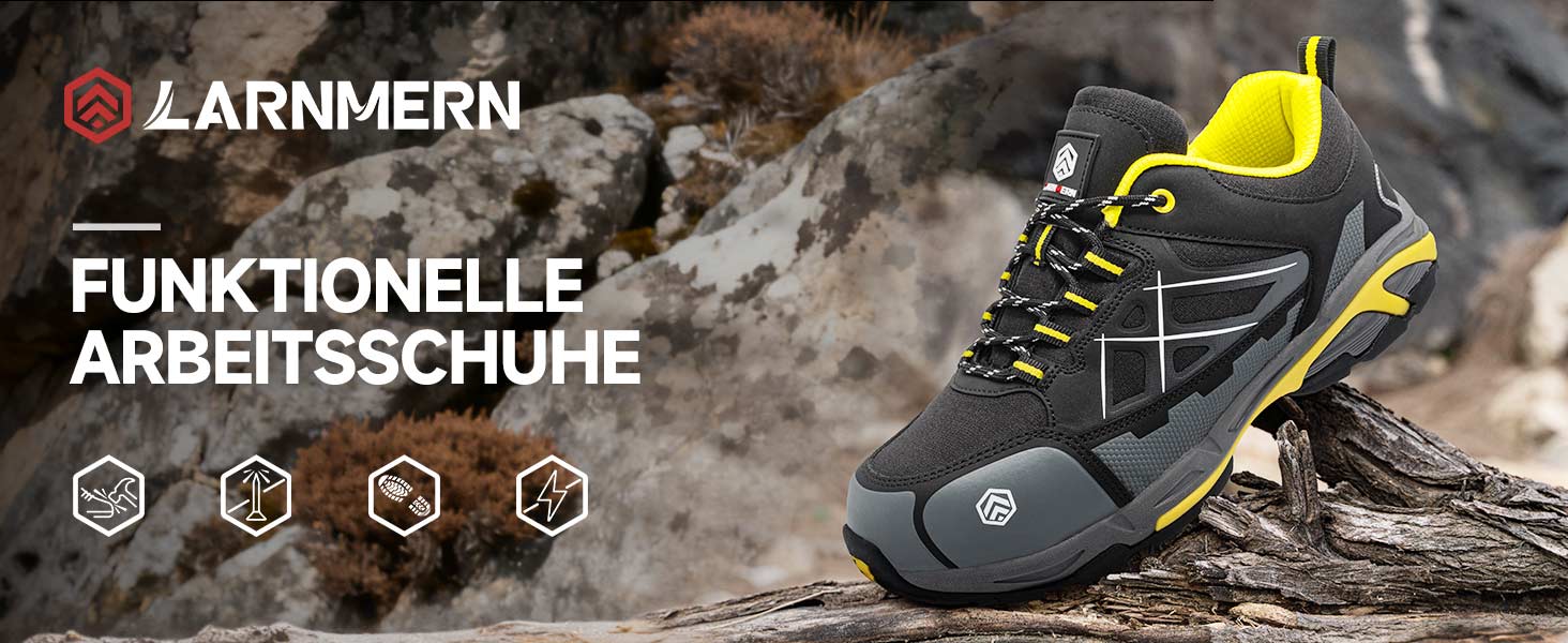 Робочі черевики LARNMERN для чоловіків та жінок. Безпечні черевики SRC, антистатичні, зі сталевим підноском, протипрокольні, легкі, комфортні, дихаючі (43.5 EU, жовті)