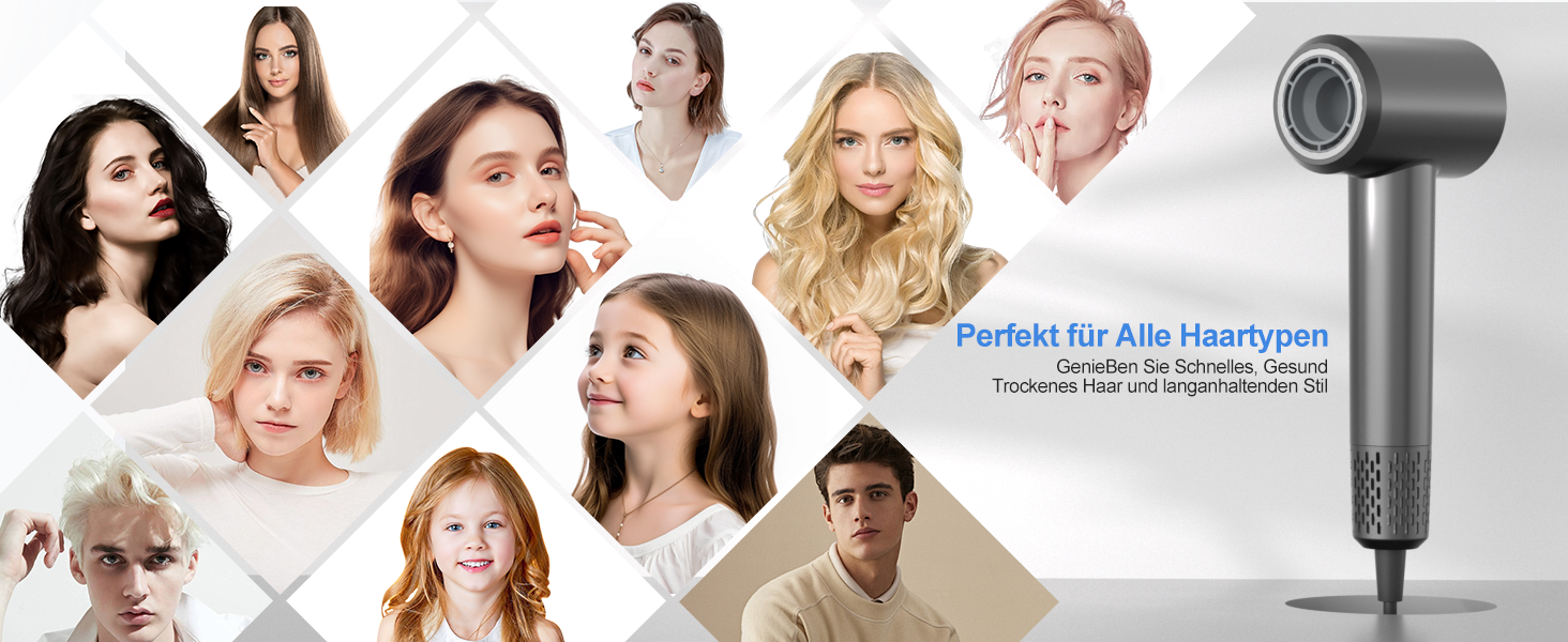 Супершвидкий фен Supersonic з іонізацією 200 млн негативних іонів, 110 000 обертів/хв безщітковий двигун, низький рівень шуму 57dB, інтелектуальна стабільна температура для подорожей та дому, чорний