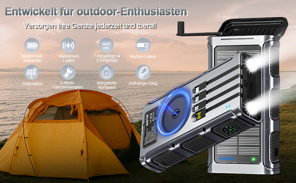 Сонячний Powerbank 26800 mAh з ручним генератором та 4 кабелями, водонепроникний зовнішній акумулятор для телефону, кемпінгу, подорожей (сріблястий)