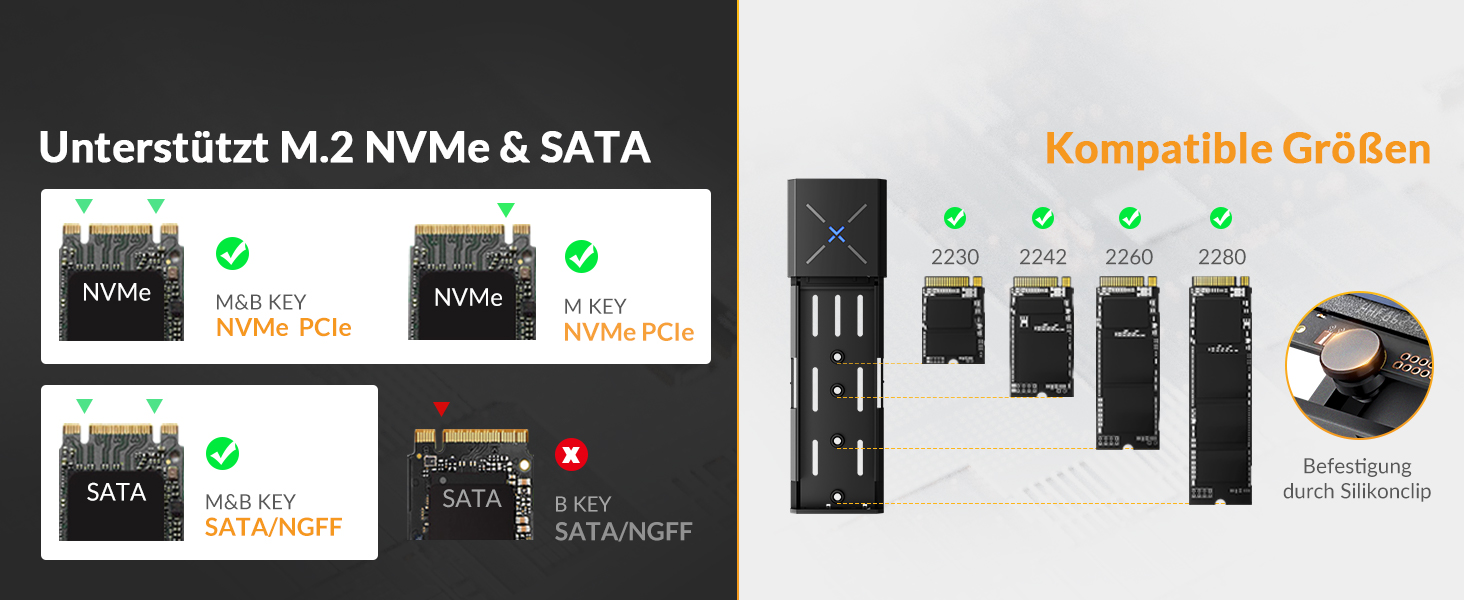 Зовнішній корпус-адаптер iDsonix M.2 NVMe та SATA SSD на USB 3.2 Gen 2 10Gbps, алюмінієвий, без інструментів, підтримка M-Key/B+M Key (2230/2242/2260/2280), сірий
