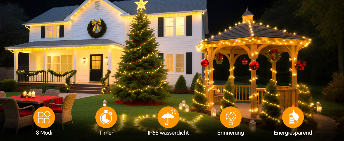 Льо́нточна гірлянда AIMENGTE 30м, 300 LED, тепле біле світло, 8 режимів, IP44, для прикраси саду, балкону, ялинки, вечірки