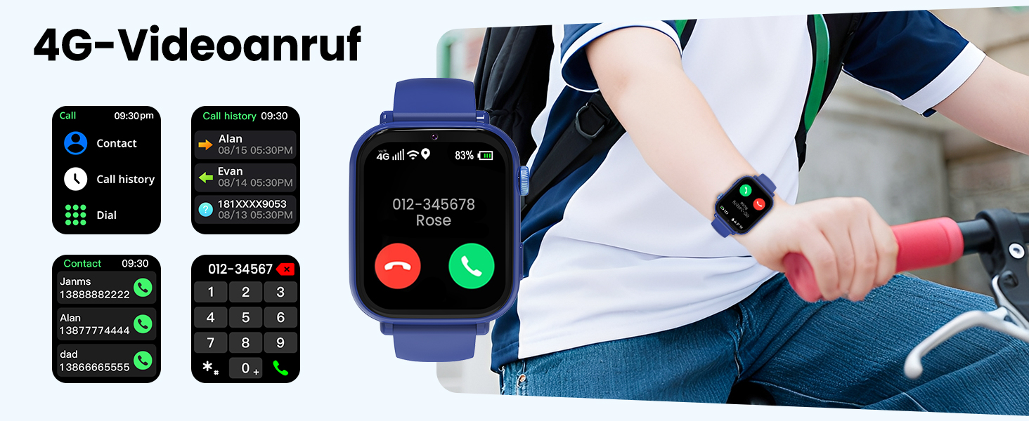 Дитячий розумний годинник з GPS та телефоном, 4G, блакитний. З відеодзвінками, чатом, SOS, ігровими функціями, будильником, шкільним режимом. Подарунок для хлопчиків та дівчаток 4-12 років.