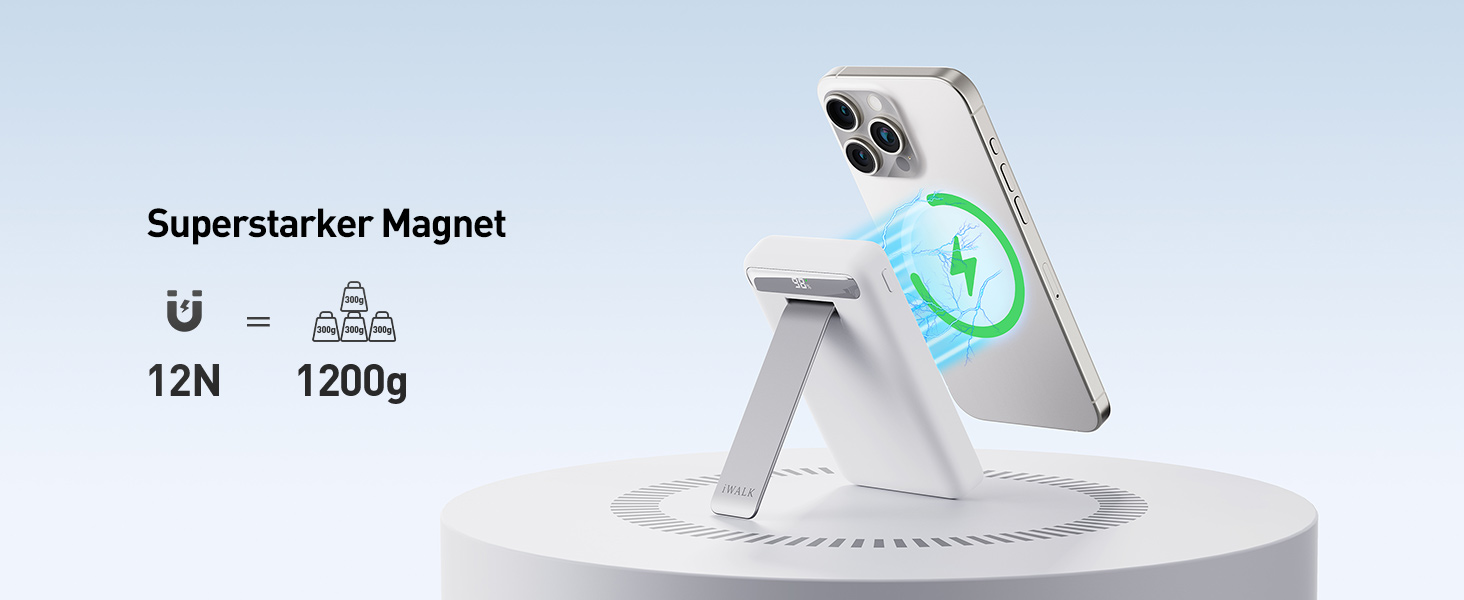 Магнітний бездротовий павербанк iWALK Magnetic 15W 10000mAh, Qi2-сертифікований зовнішній акумулятор зі стійкою та LED-дисплеєм для iPhone 16/15/14/13/12 Pro Max/Plus/Mini, білий