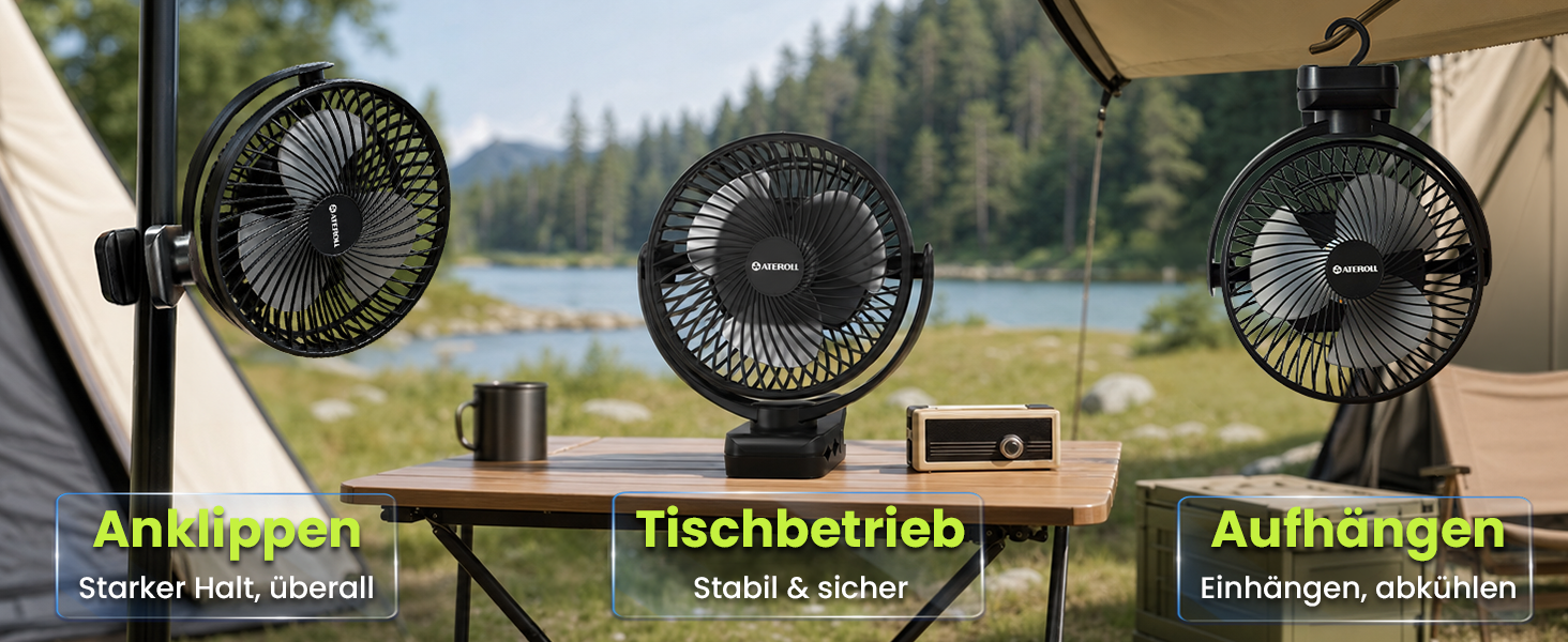 Вентилятор портативний Ateroll 10000mAh з кліпсою, USB, пульт ДУ, 3 швидкості, LED-підсвічування, обертання 360°, для дому, офісу, кемпінгу - Чорний