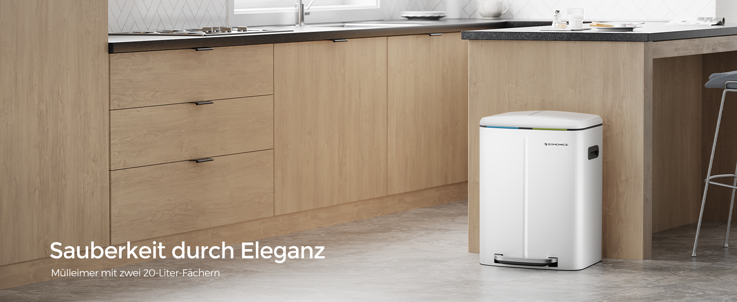 SONGMICS Відро для сміття 40 л з 2 відсіками (2 x 20 л), з педаллю, з металу, з пластиковим внутрішнім відром, з кришкою та ручками, Softclose, герметичне, біле LTB40WT