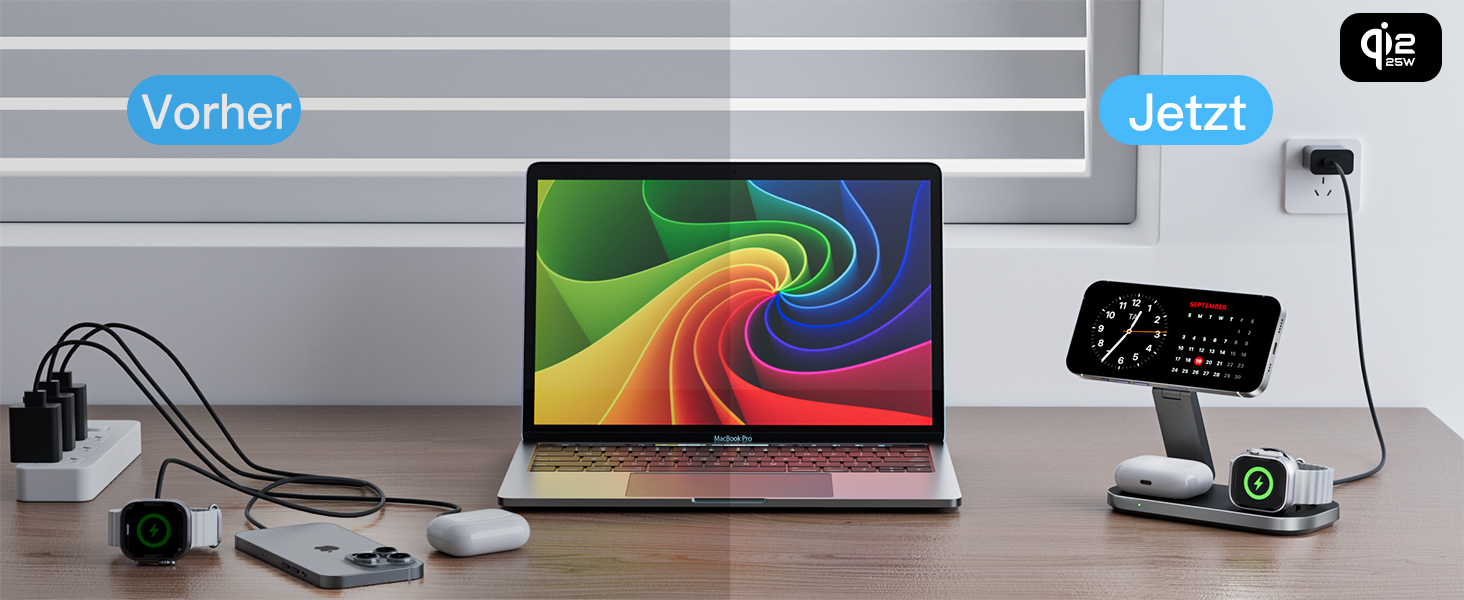 Бездротова зарядка 25W 3-в-1 з MagSafe, складана індуктивна магнітна зарядна станція для iPhone 17/Air/16/15/14/13/12, Apple Watch 10/9/8/7/6/SE/5/4/3 та AirPods Pro (з адаптером 35W), чорна