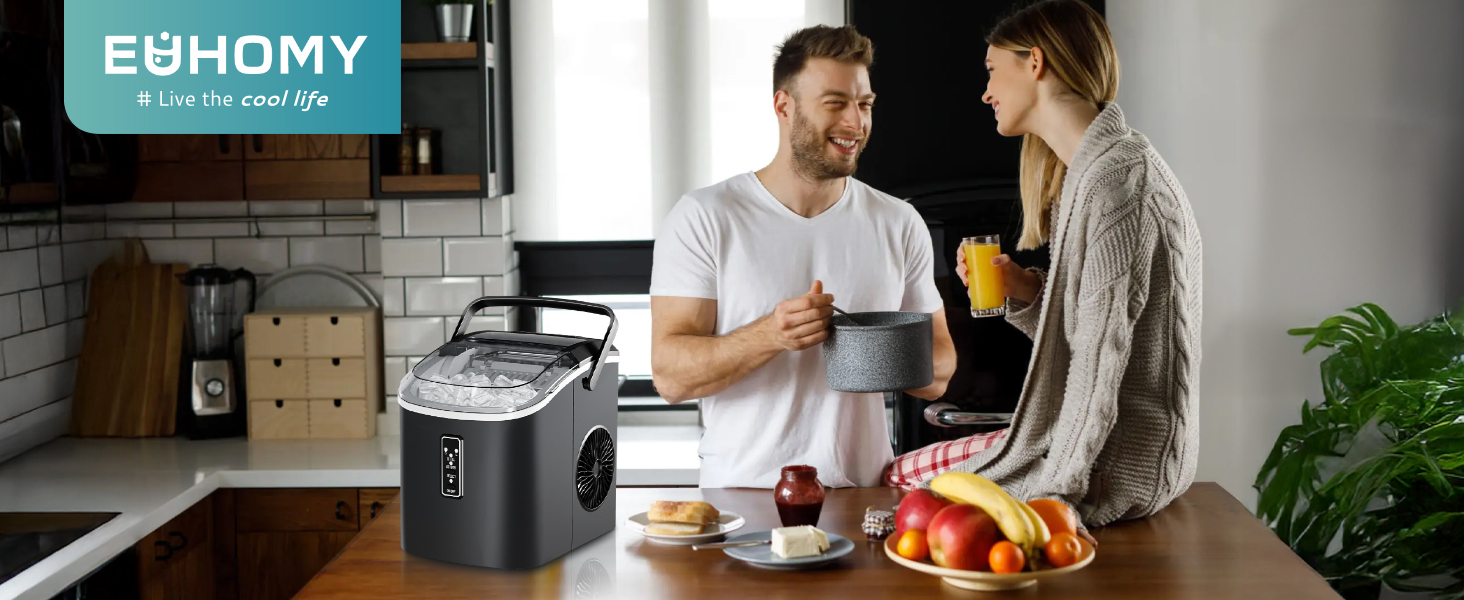 EUHOMY Ice Maker - Compact Portable Ice Machine for Home & Kitchen - Makes 9 Cubes in 6 Minutes, 12kg/Day, Self-Cleaning, 2 Sizes, Black, 1.2L
