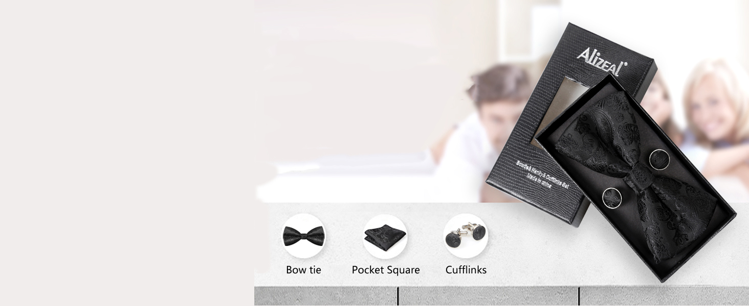Набір аксесуарів для чоловіків Alizeal: краватка-метелик, кишеньковий хустинка та запонки, колір - кобальт