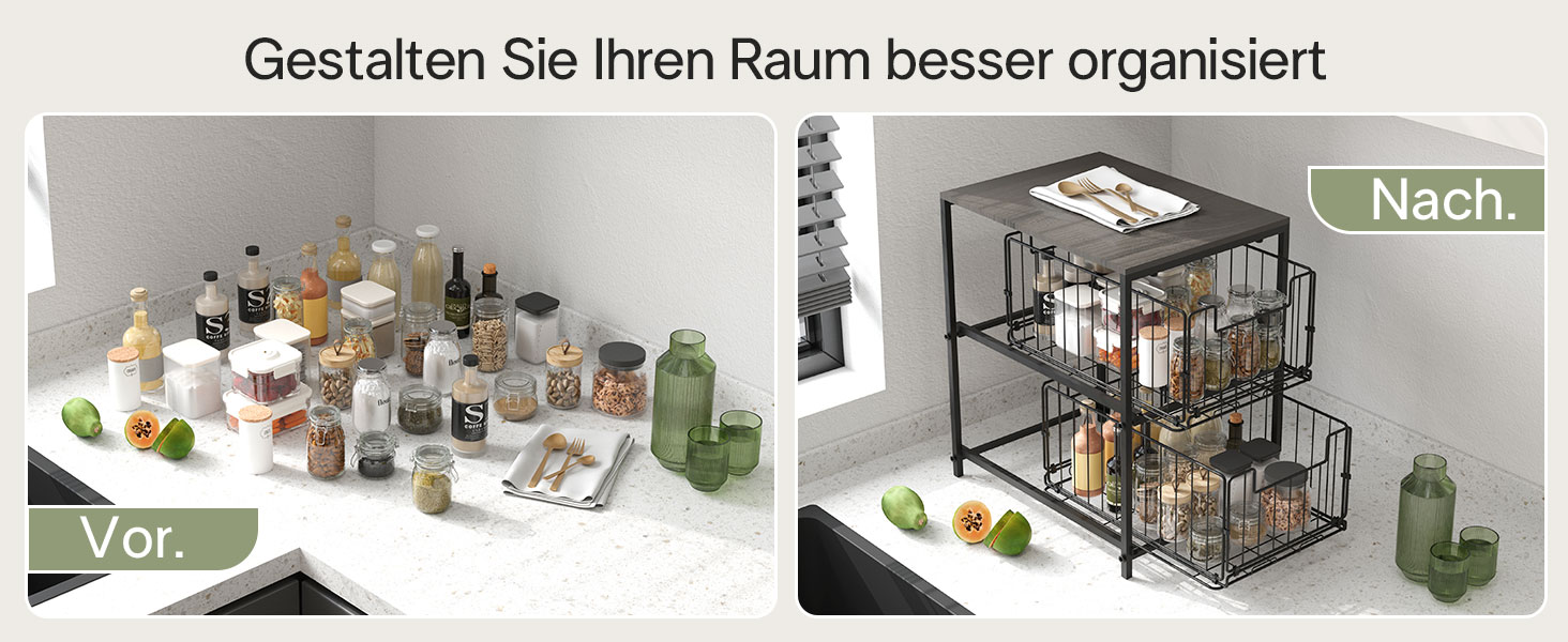 Meltrck Spice Rack and Kitchen Organizer, 2-Tier Pull-Out Kitchen Organizer, Metal and Wood Composite for Kitchen, Countertop, Pantry, and Dining Room (Black)