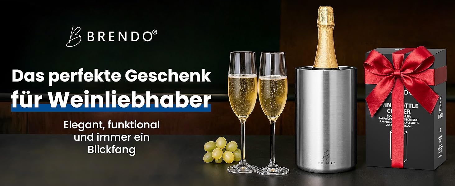 Охолоджувач для пляшок та шампанського Brendo Weinkühler Edelstahl - подвійний, ізольований, срібляний | Охолоджувач для вина, шампанського, белого вина | Подарунковий набір для чоловіків та жінок