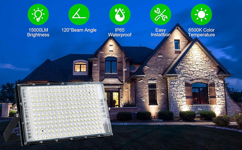 LED Floodlights 150W 2-Pack, Outdoor LED Floodlights, Super Bright 15000LM Outdoor Spotlights, 6500K Cool White LED Floodlights with IP65 Waterproof for Garden, Garage, Sports Field, Terraces