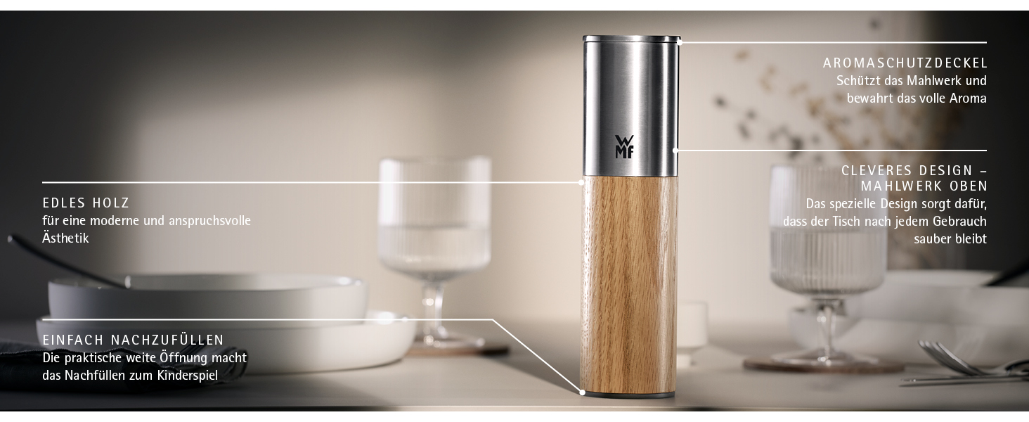 Млин для солі та перцю WMF Nature Pro з керамічним механізмом, регульованим помелом, нержавіюча сталь та дерево