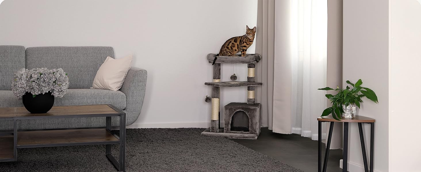 Котячий будиночок Lionto з лежанкою та печерею, 75 см, з сизалевого мотузка та плюшу, 2 м'ячики з дзвіночками, для кошенят та дорослих котів, сірий