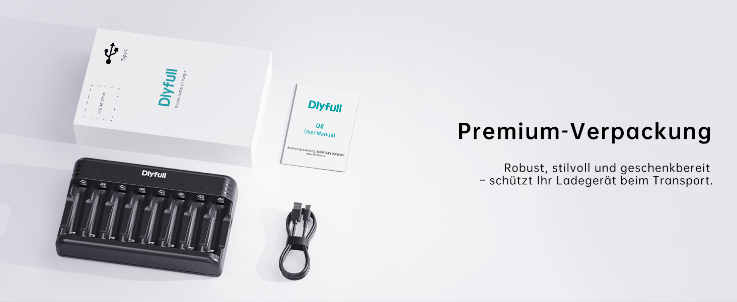 Зарядний пристрій Dlyfull для акумуляторів AAA/AA, 8-канальний зарядний пристрій з LED-дисплеєм, 5V/2A USB-C, для NI-MH/NI-CD, чорний
