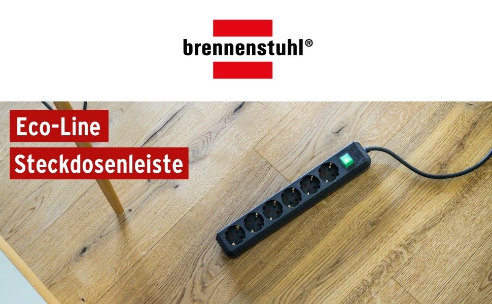 Бренненштуль Преміум Лайн, мережевий фільтр 10-фазний (з вимикачем та 3м кабелем), 45° кут розеток, Made in Germany (чорний), комплект з 6-фазною мережевою стрічкою 1,5м