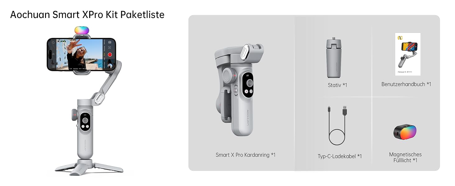 Стабілізатор для смартфона AOCHUAN 3-осьовий з RGB-підсвічуванням, для iPhone/Android, з функцією трекінгу обличчя, комплект Smart X Pro (Сірий)