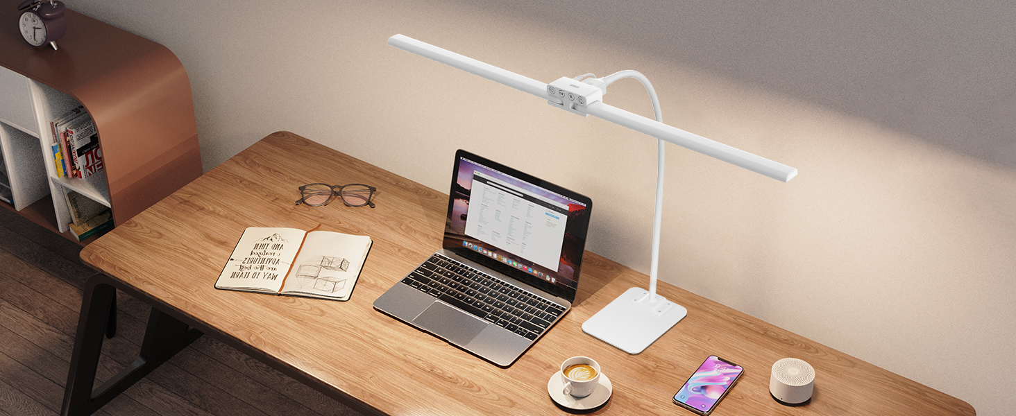 LED Desk Lamp with Adjustable Brightness - 1200 Lumens, Dual Head, Clamp-On for Home Office, Eye Protection, Gooseneck Design, Monitor Light with 5 Color Temperature & Brightness Levels (Metal Base)