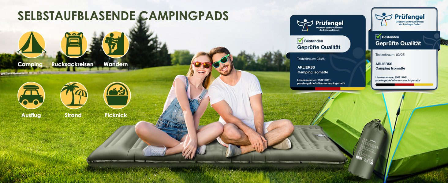 Arlierss Self-Inflating Camping Sleeping Pad with Foot Pump & Pillow - 12cm Thick, Ripstop, Portable, Outdoor, Hiking, Travel, Beach - Army Green