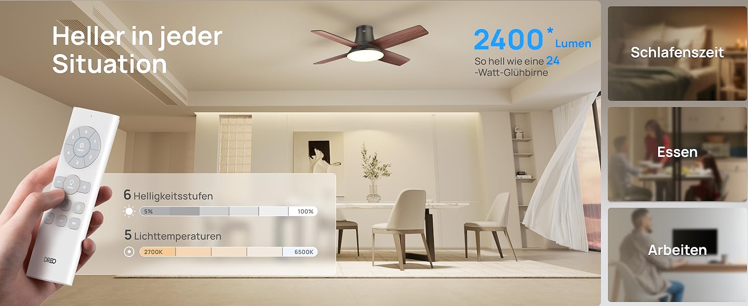 Стеляний вентилятор Dreo з підсвічуванням та пультом керування, 112 см (44 дюйми), плоский, чорний, реверсивний, 5 лопатей, 6 рівнів регулювання яскравості, 6 швидкостей, тихий, з таймером, легка установка для спальні
