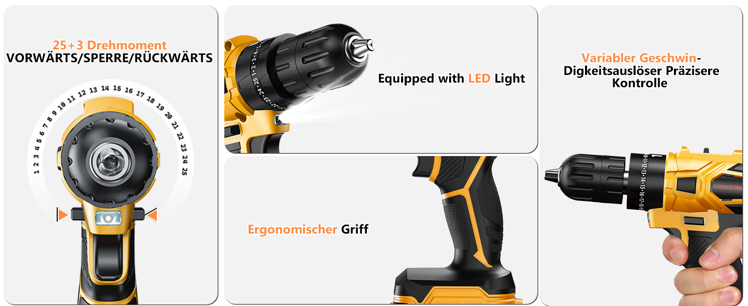 Акумуляторний шуруповерт 21V з акумулятором 4000mAh, 45Nm, 25+3 положення, 2 швидкості, LED, 2 акумулятори 2.0Ah, зарядний пристрій, для дому та саду, DIY проєкти (жовтий)