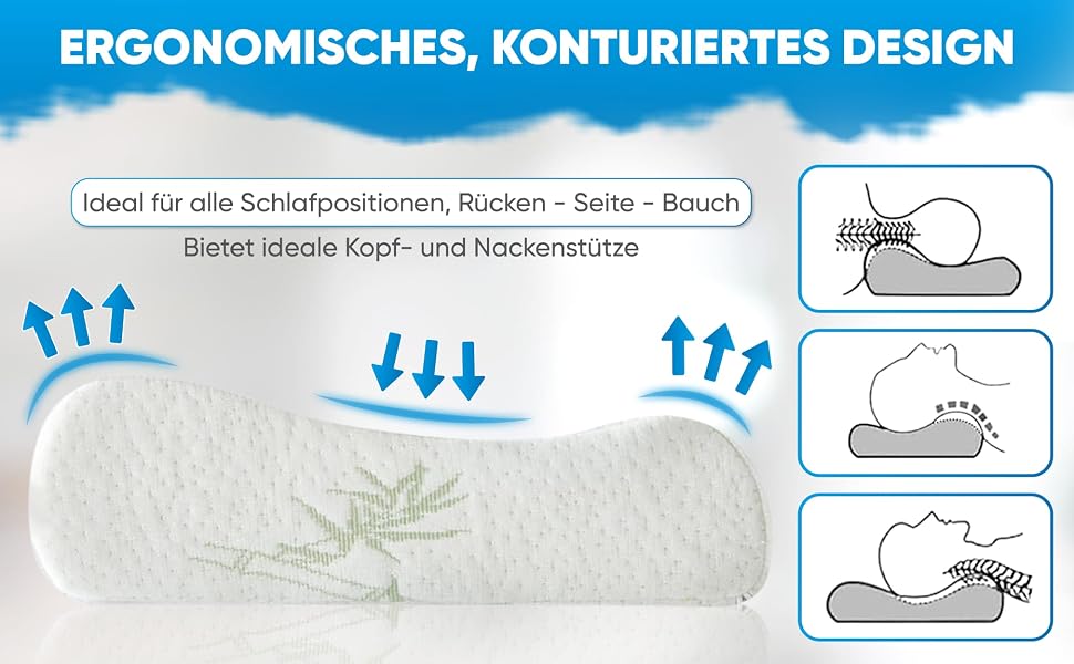 Ортопедична подушка з ефектом пам'яті (Memory Foam) з бамбуковим чохлом, ергономічна підтримка шиї для будь-якої пози сну, біла, 60x40x12/10 см