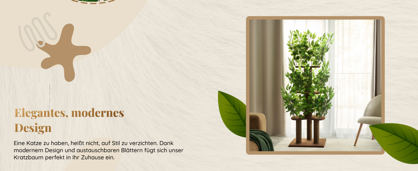 Дерево для котів з листям – Стабільний та компактний – 4 поверхні для дряпання та 3 стовпчики – Ідеально для лазіння, ховання та сну – Легка збірка – Безпечний та довговічний cat tree з натуральних матеріалів