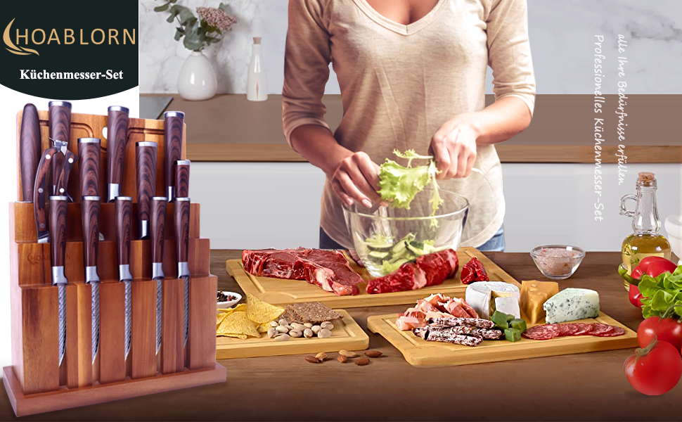 Набір кухонних ножів Hoablorn 15 предметів з блоком: високоякісні ножі з акціїєю, підставка з міцним магнітом, ідеальний подарунок на новосілля та весілля
