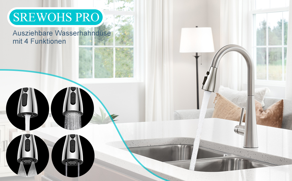 Кухонний змішувач SREWOHS PRO з висувним виливом, 360° обертання, 4 режими розпилення, однорегуляторний, високий вилив, ABS-розпилювач для кухонної мийки, проста установка