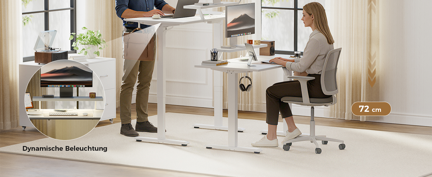 Електричний регульований стіл Agilestic 140x60 см з LED-підсвіткою, USB-портом та мобільним тримачем монітора, білий