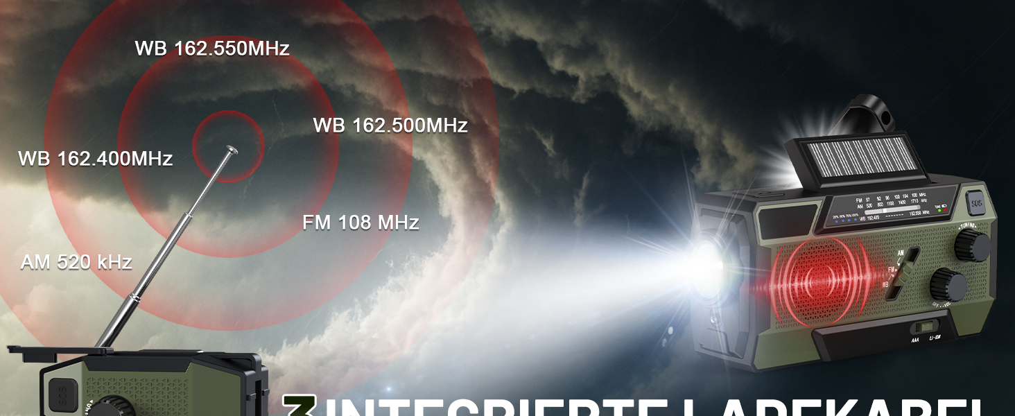 Радіо-кринка Notfall Weltempfänger 4000 mAh (14800 mWh) з 3 кабелями. Радіо для надзвичайних ситуацій з ручкою та сонячною панеллю, живлення від акумулятора, AM/FM/WB, SOS-сигнал, ліхтарик для надзвичайного спорядження Green