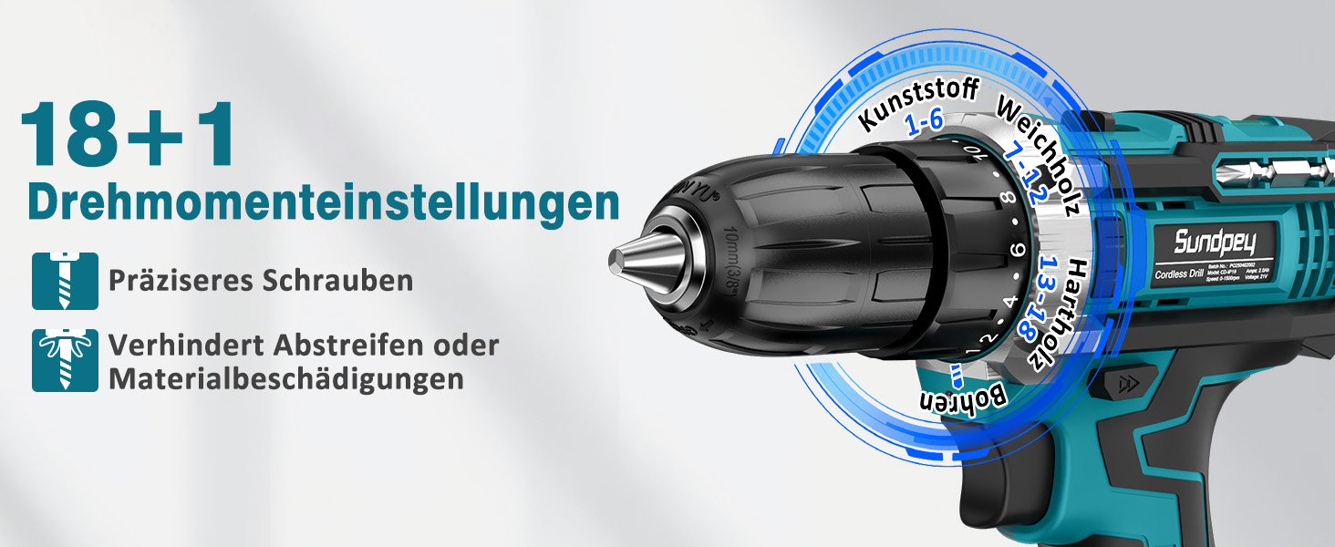 Акумуляторний шуруповерт Sundpey Set з 2 акумуляторами 2.0Ah, 21V, 1500 об/хв, 45Nm, 18+1 режим, LED-підсвічування, для ремонту та DIY