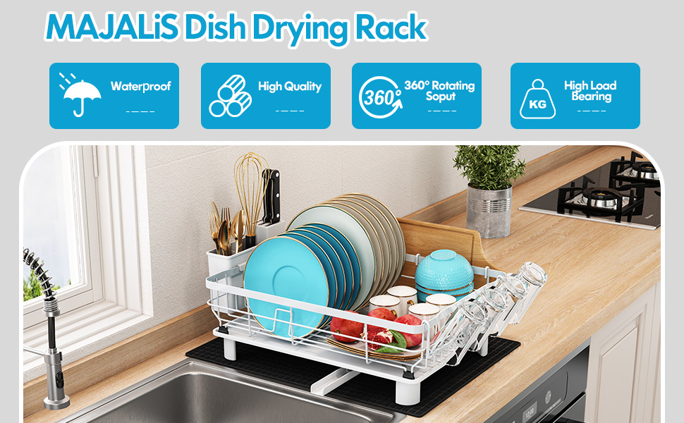 Сушарка для посуду MAJALiS 2-ярусна з піддоном та килимком, з тримачем для столових приборів, чорна (біло-чорна)