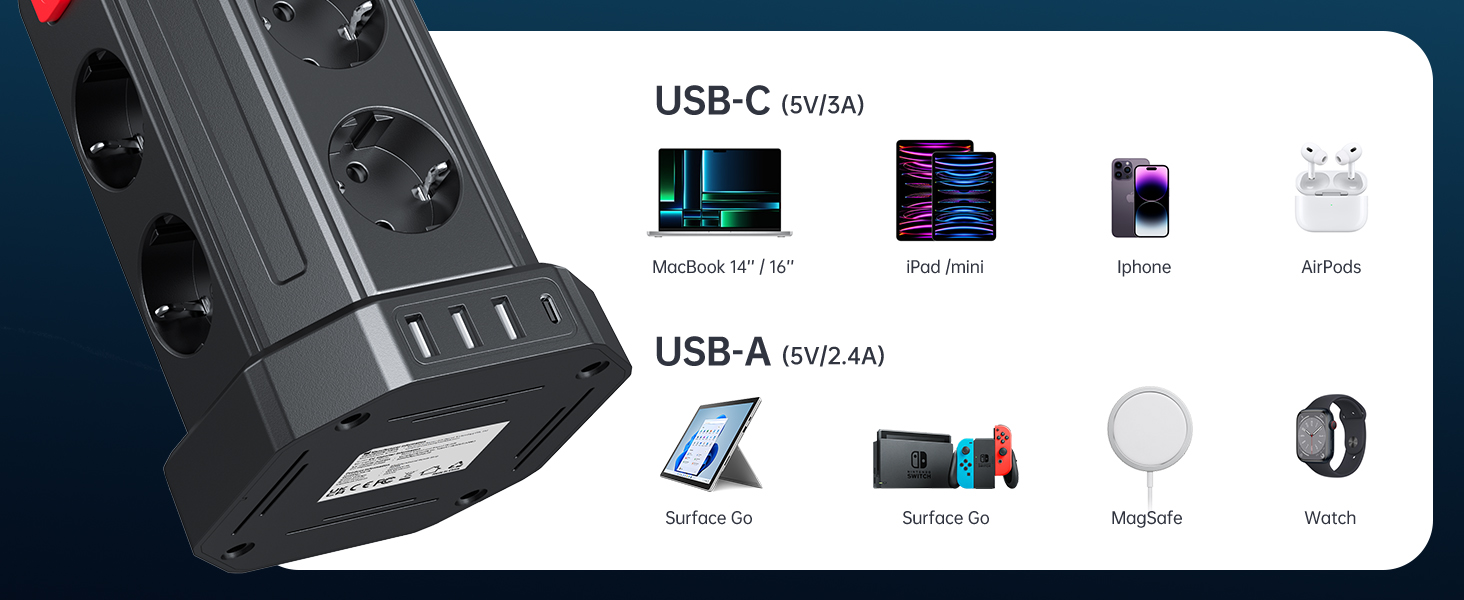 Мережевий фільтр Sameriver з 4 USB, 8 розеток, захистом від перенапруги, вимикачем та 2м кабелем, чорний
