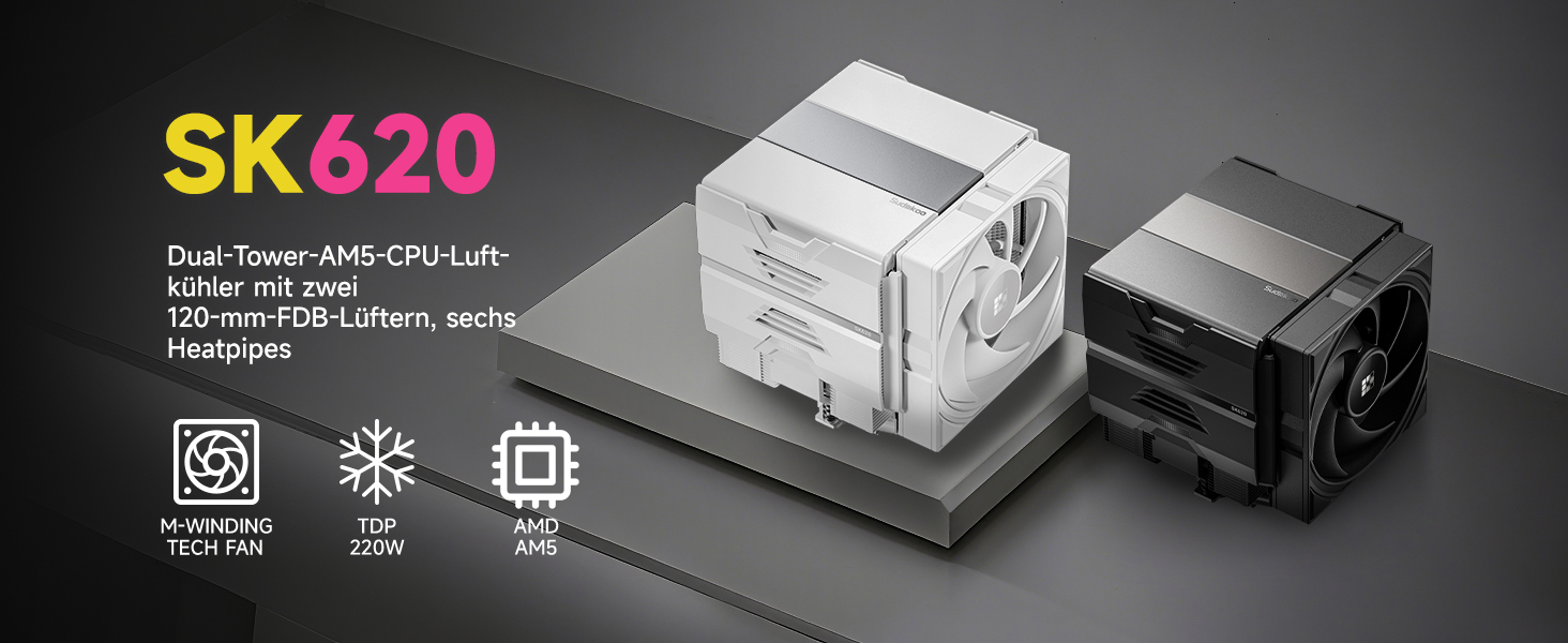 Кулер для процесора Sudokoo SK620 White (AM5): двосекційний повітряний охолоджувач з цифровим дисплеєм, 6 теплотрубками та 2 вентиляторами PWM FDB 120мм, білий
