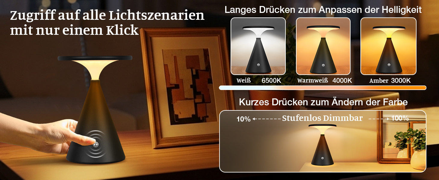 Світлодіодна настільна лампа бездротова LED акумуляторна, димуєма, 4000mAh, для приміщення та вулиці, сенсорна, 3 кольори, регульована яскравість, стильна (1 шт., чорна)