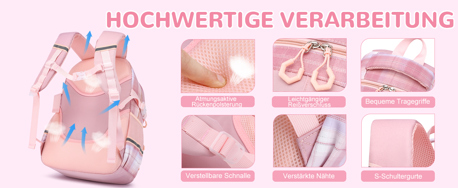 Шкільний рюкзак для дівчаток з візерунком, дихаючий та водовідштовхуючий рюкзак для 1-5 класів, Рожевий-01