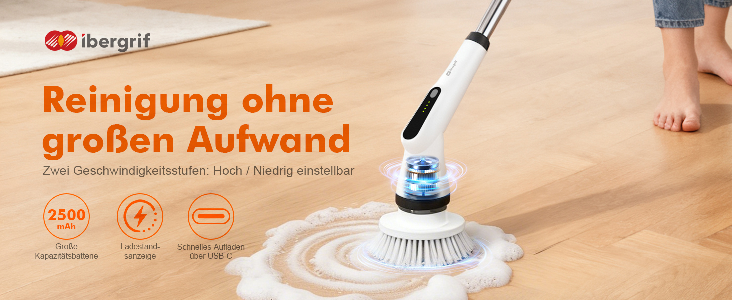 Електрична щітка для прибирання Ibergrif M34104 з 6 насадками, водонепроникна IPX7, з регульованою ручкою для ванної, кухні, підлоги