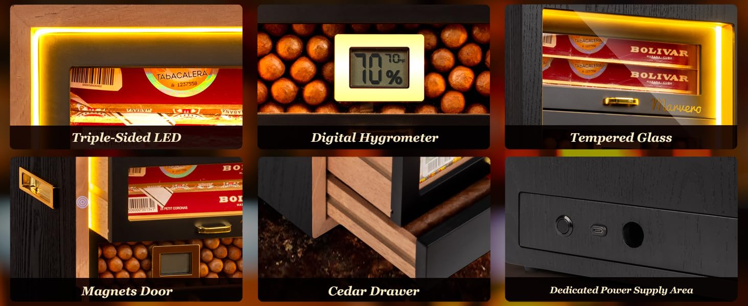 Гумодор для сигар, настільний з цифровим гігрометром, зволожувачем та пакетами для вологи. 4 висувні ящики з кедрової деревини, вміщує до 200 сигар (чорний)