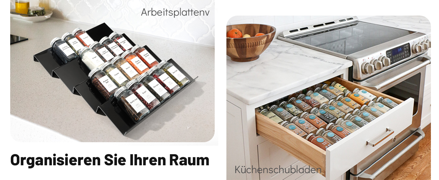Black Spice Drawer Organizer with 28 Spice Jars, 348 Labels, Sifter and Pour Lids with Airtight Aluminum Caps, 4-Tier Clear Acrylic Drawer Tray Rack with Spice Containers