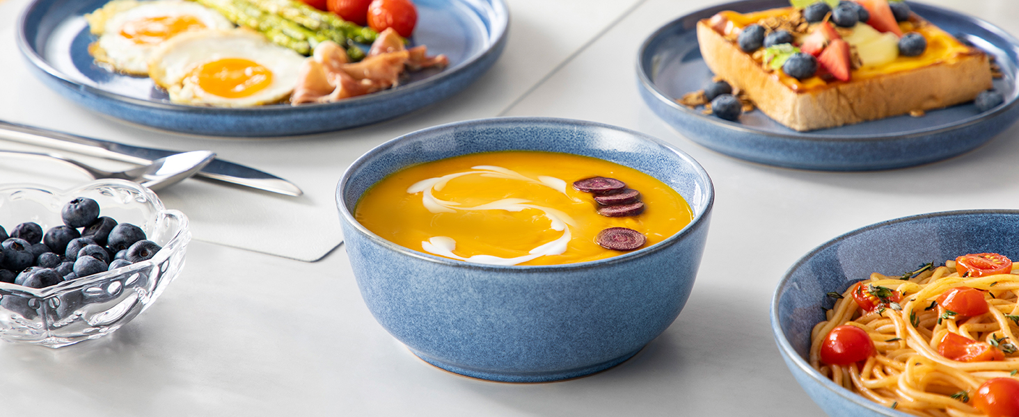 Набір посуду Steingut vancasso ANYA (24 шт.) - синій, сучасний, для 6 осіб, з тарілками, суповими тарілками, десертними тарілками та мисками. Можна мити в посудомийній машині та використовувати в мікрохвильовій печі.