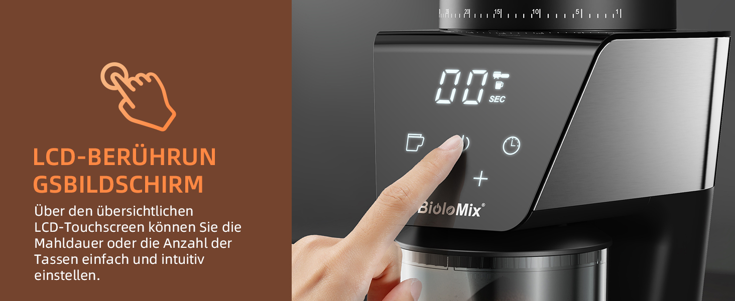 Електрична кавомолка Biolomix з регулюванням помелу, сенсорним дисплеєм та портафільтром