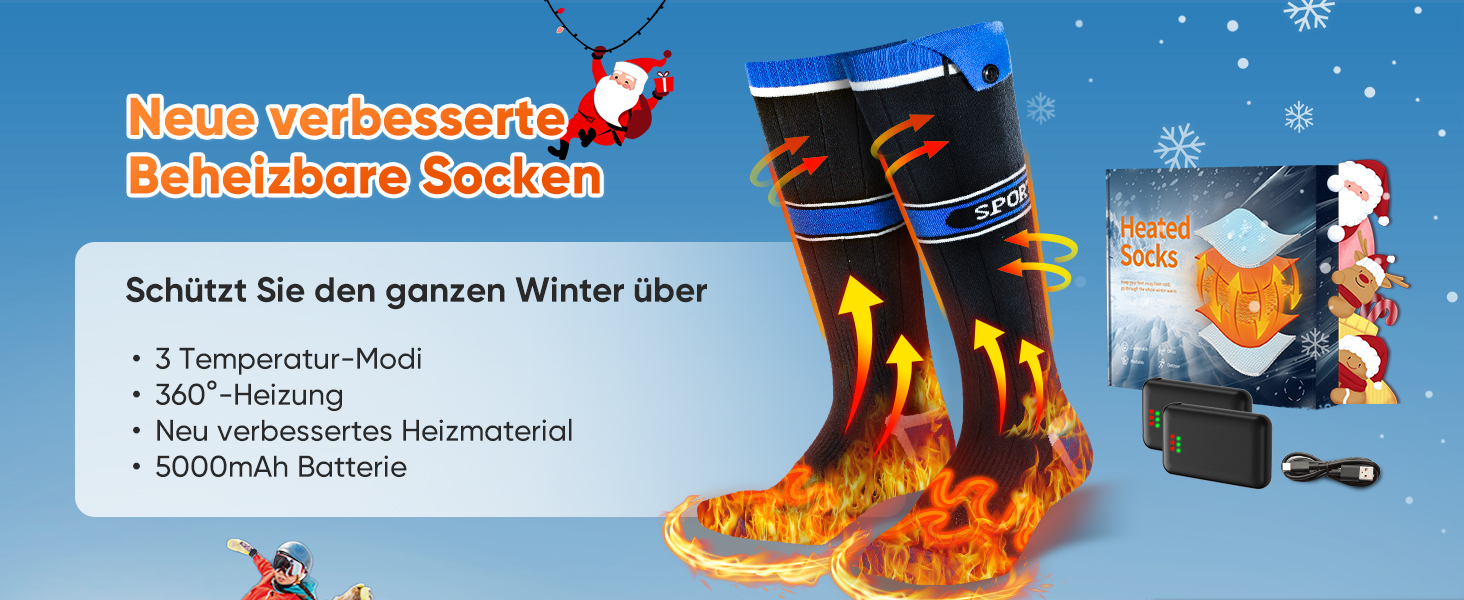 Гріючі шкарпетки 2026 Upgraded з акумулятором 5000mAh*2, 3 режими нагріву, 360° обігрів, для жінок та чоловіків, для катання на лижах, полювання, походів, миючіся, універсальний розмір, блакитні
