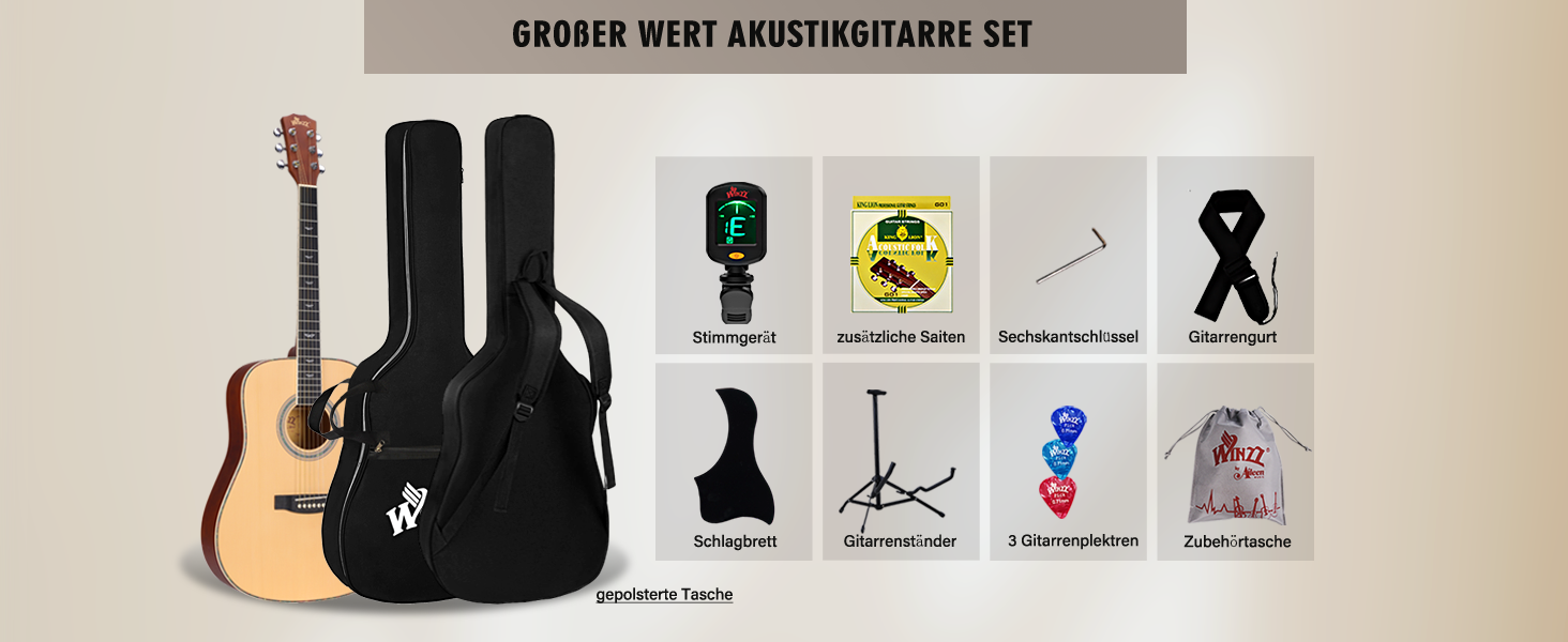 Акустична гітара Winzz 4/4 для початківців, 41 дюйм з чохлом, тюнером, ремінком, медіатором, запасним струною та підставкою (натуральний колір)