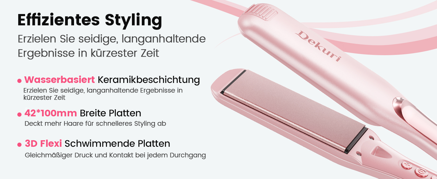 Dekuri 42mm Ceramic Hair Straightener & Curling Iron - Pink - Adjustable Temperature 120°C-230°C