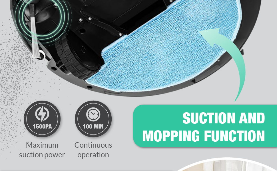 Робот-пилосос з функцією миття - 3 в 1. З пультом дистанційного керування, акумулятор 120 хв, для твердих підлог, килимів, шерсті тварин. Чорний.